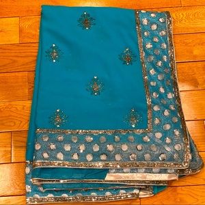 NWOT never worn hand embroidered chiffon saree Aqua-blue/Silver